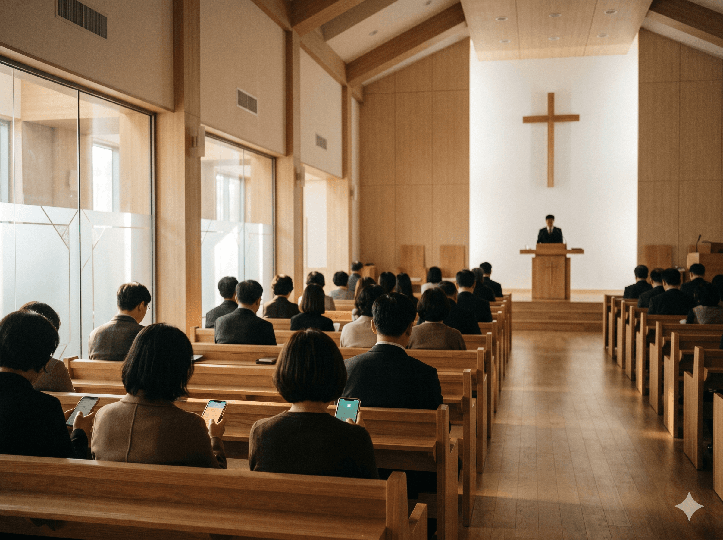 교회 예배 — 외국인 성도가 휴대폰으로 모국어 자막을 보는 모습